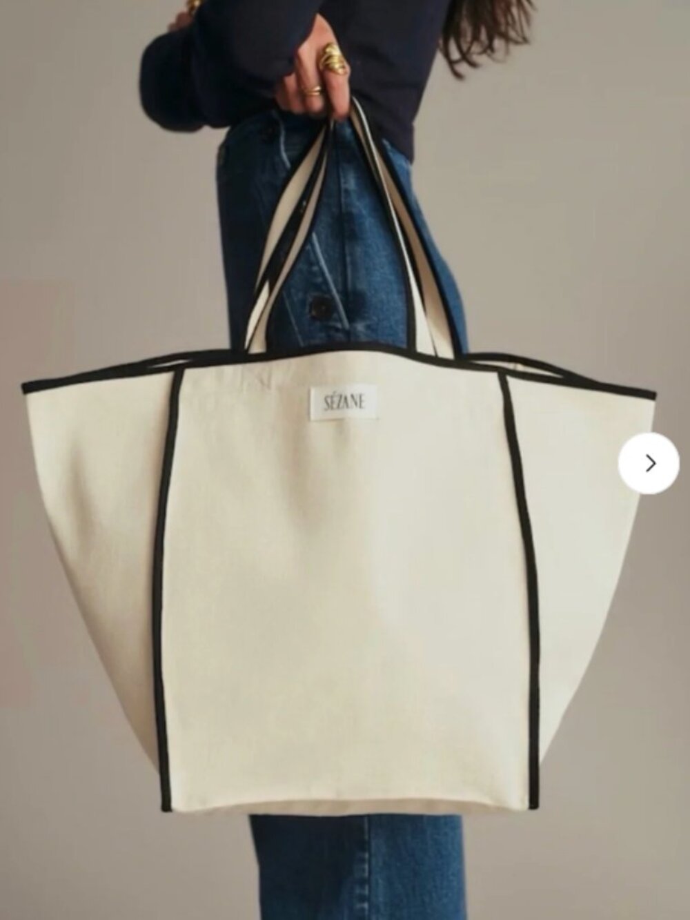 Sezane Cream Canvas Tote with Black Trim
